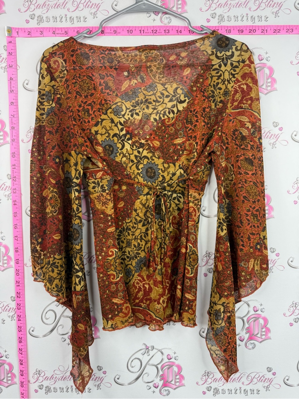 le chateau shirt fairy sleeve Rust and Mustard Paisley V-Neck Bell Sleeve Blouse - Picture 2 of 8